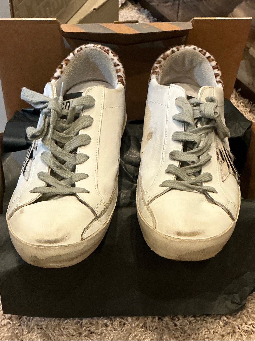 Golden Goose White Low-Top Sneakers with Leopard Collar